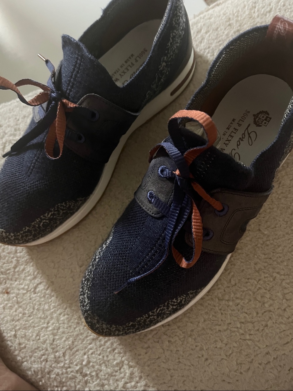 Lora Piana Women’s size 38 Navy Knit Sneakers with Brown Accent Laces